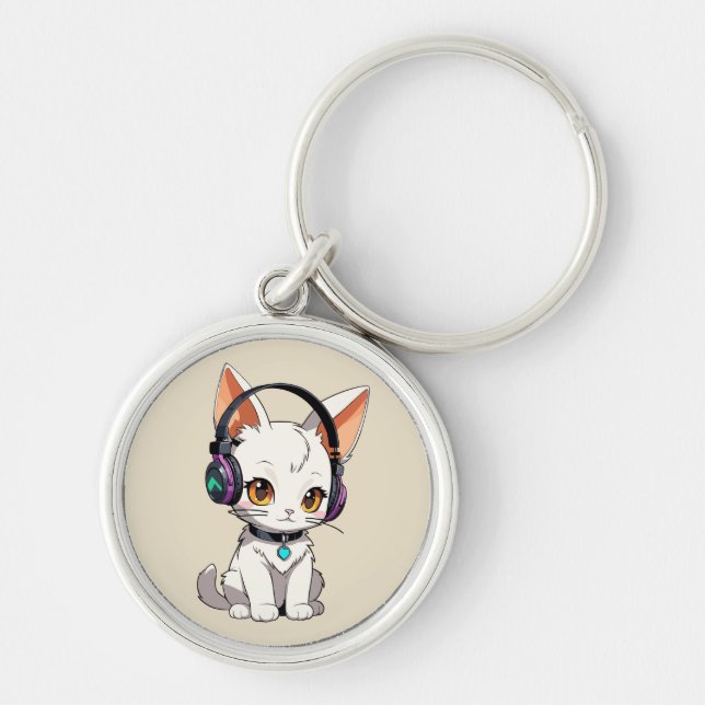 Bedårande Kawaii Katt med Hörlurar Rund Silverfärgad Nyckelring (Framsidan)