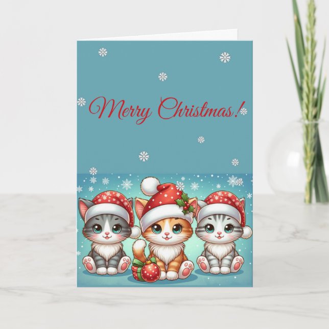 Bedårande Kawaii Katter i Tomtehattar Vinter Jul Kort (Framsida)