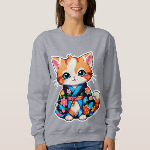 Bedårande Kawaii Kattunge i Färgglad Blommig Kimon T Shirt