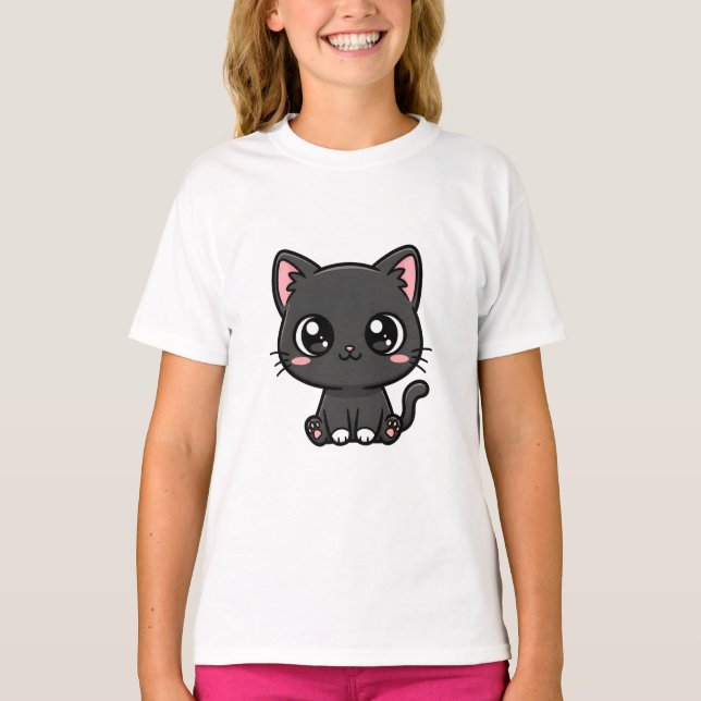 Bedårande Kawaii Svart Kittens T Shirt (Framsida)