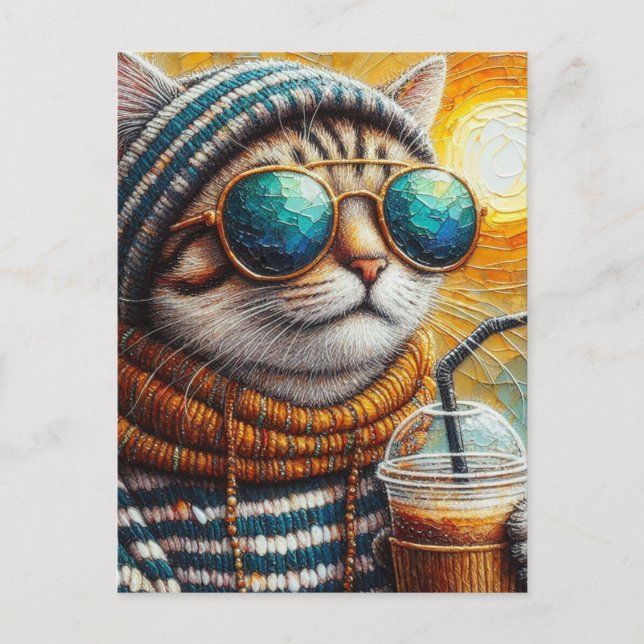 Bedårande Kitty Med en Iced Coffee Vykort (Framsida)
