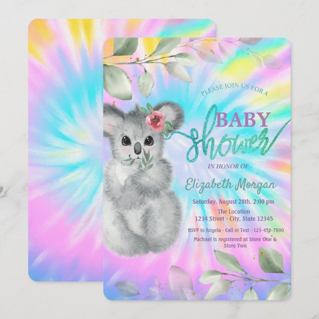 Bedårande Koala Tie Dye Bebis Shower Inbjudningar (Fram/baksida)