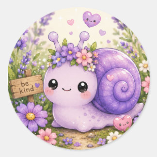 Bedårande lila snigel blomstergal sticker runt klistermärke