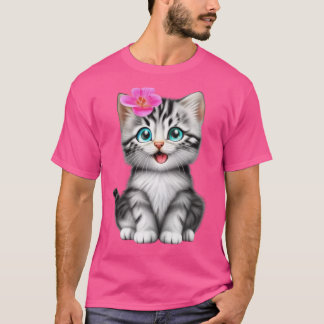Bedårande lilla kattunge med rosa blomma t shirt