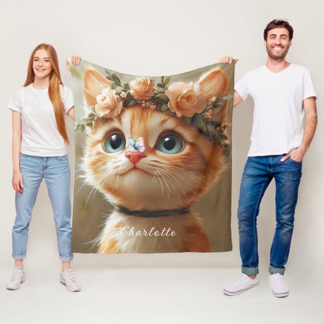 Bedårande lilla kattunge söt rosa blomma fjäril fleecefilt (På plats)