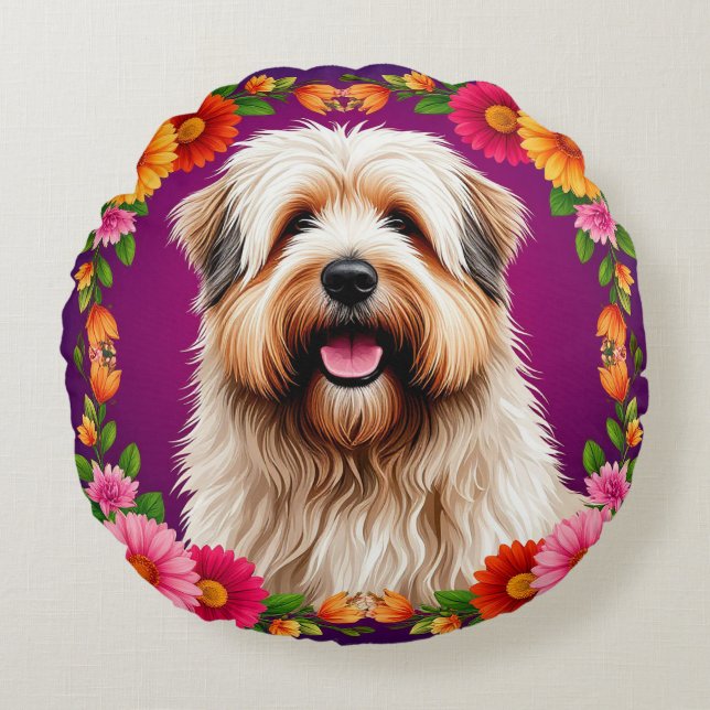 Bedårande Luddig Hund med Blommor Söt Blommig Husd Rund Kudde (Framsidan)
