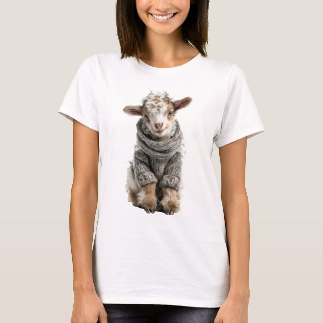 Bedårande luddig lamm som bär stickad ull t shirt (Framsida)