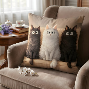 Bedårande Luddiga Katt Trio Söt Grå, Vit & Svart Kudde
