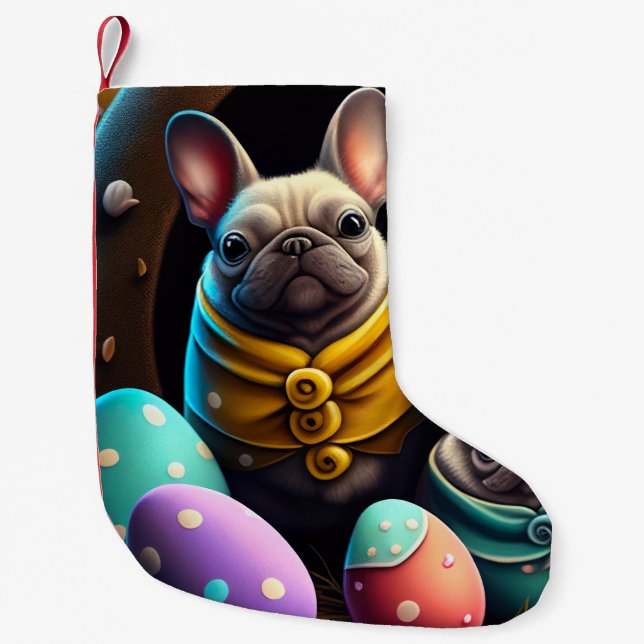 Bedårande Mops med Påskägg En Festlig och Söt Liten Julstrumpa (Framsidan)
