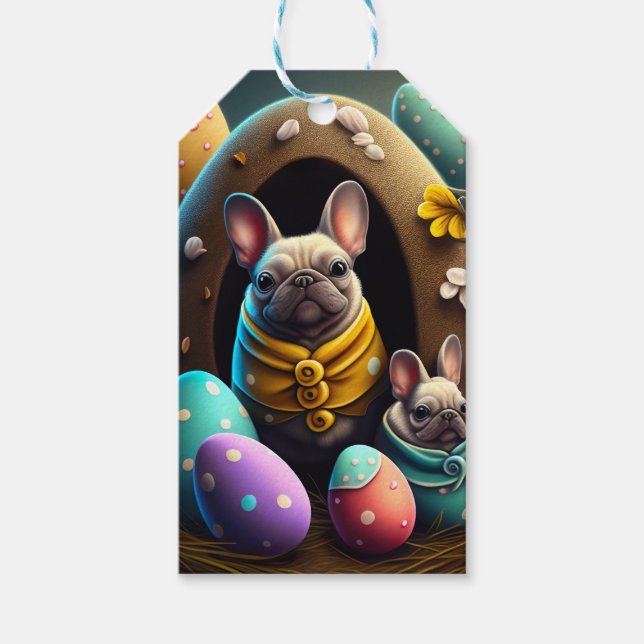 Bedårande Mops med Påskägg En Festlig och Söt Presentetikett (Framsidan)