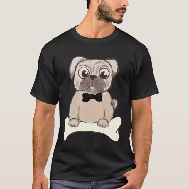 Bedårande Mops med svart flugillustration 234 T Shirt (Framsida)