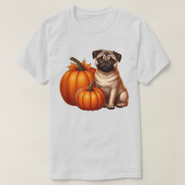 Bedårande Mops Sittande Bredvid Pumpor med Löv T Shirt