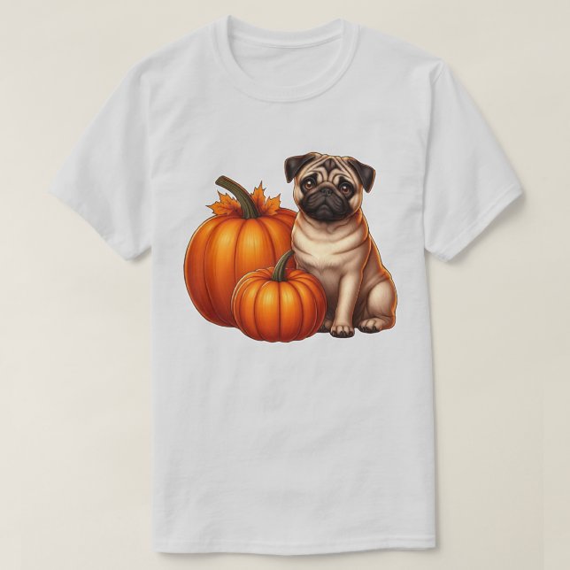 Bedårande Mops Sittande Bredvid Pumpor med Löv T Shirt (Design framsida)