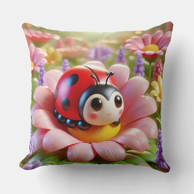 🐞🌸 Bedårande Nyckelpiga Rosa Blomma Trädgård Kny Kudde (Framsida)