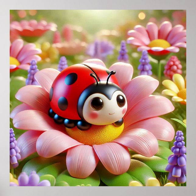Bedårande nyckelpiga som sitter på rosa blomma poster (Framsidan)