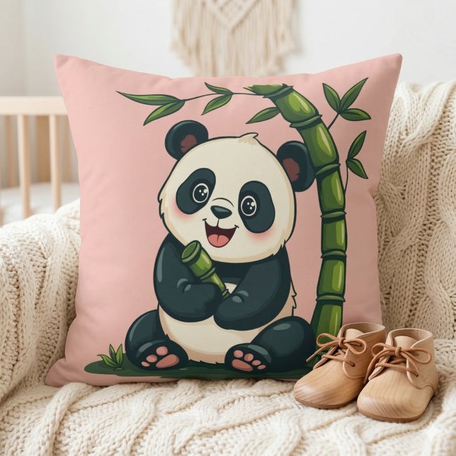 Bedårande Panda som kramar Bambu Söt Tecknad Konst Kudde (Adorable Panda Hugging Bamboo Cute Cartoon Art Throw Pillow In Crib)