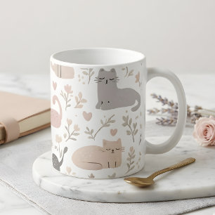 Bedårande Pastell Katt & Blommigt Mönster Kaffe Kaffemugg