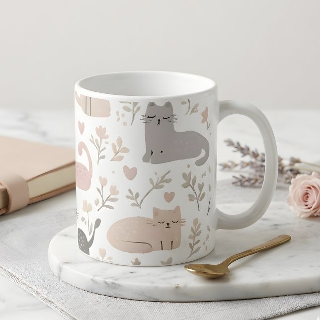 Bedårande Pastell Katt & Blommigt Mönster Kaffe Kaffemugg (Skapare uppladdad)