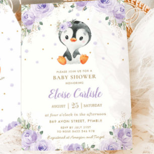 Bedårande pingvin lila blomstermotiv flicka baby s inbjudningar