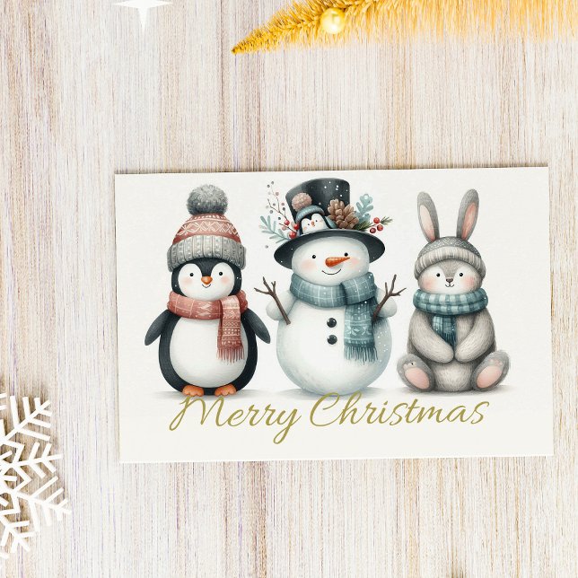 Bedårande pingvin, snöman & kanin “God Jul Helg Vykort (Skapare uppladdad)