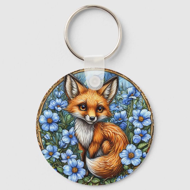 🦊 Bedårande Rävröda Blommor som Lyser 💙 Livlig B Nyckelring (Framsida)