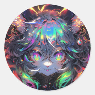 Bedårande regnbågskattflicka furry anime runt klistermärke