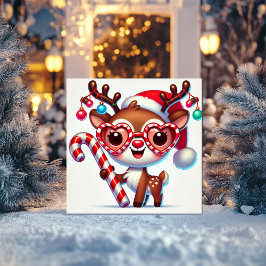 Bedårande ren som håller en sockerrörspinne julkort