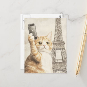Bedårande röd katt tar en selfie i Paris Vykort