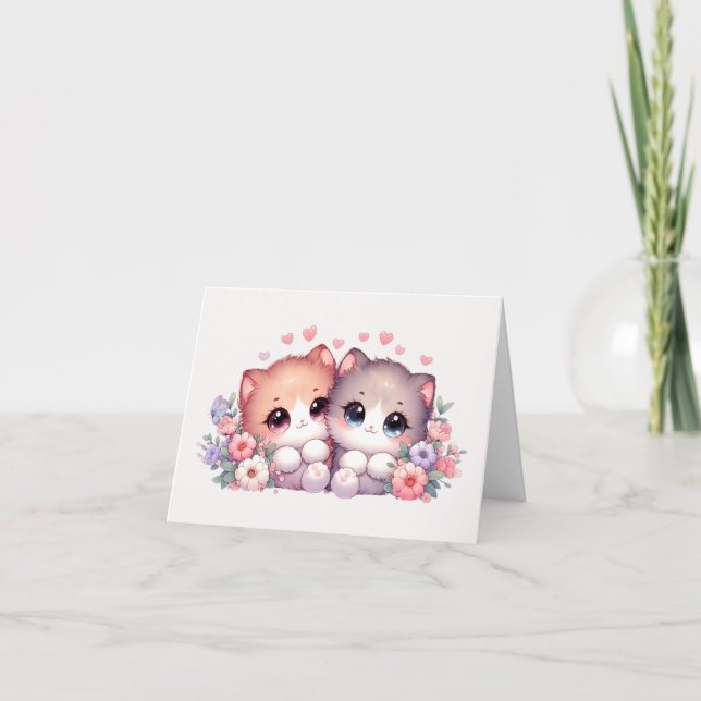 Bedårande Rödsnande Katten Paar Hjärt & Blommig Fi Kort (Framsida)