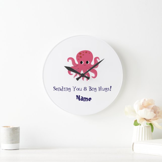 Bedårande Rosa Bläckfisk Kawaii Illustration Stor Klocka (Hem)
