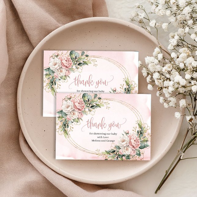 Bedårande Rosa Blommig Grönska Tackkort Tack Kort (Adorable Blush Pink Floral Greenery Thank You Card)