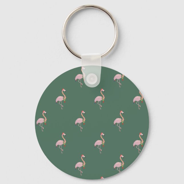 Bedårande rosa flamingo med tomtehatt, grön   nyckelring (Framsida)