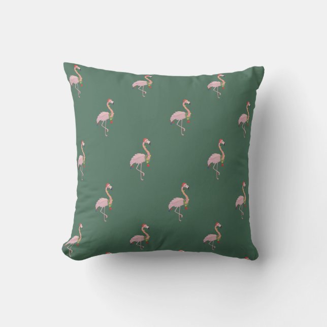 Bedårande rosa flamingo med tomteluva, grön  kudde (Framsida)
