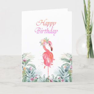 Bedårande Rosa Flamingos Tropiska Blommor Födelsed Kort