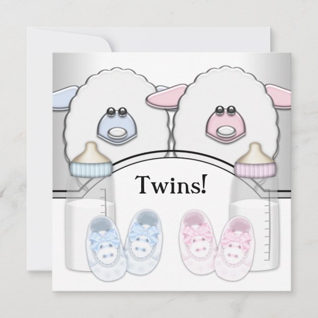 Bedårande rosa och blå får tvilling baby shower inbjudningar (Framsida)
