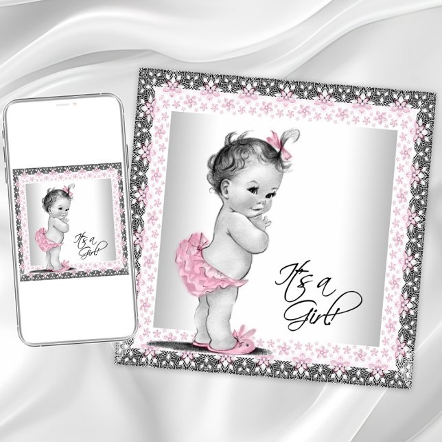 Bedårande rosa och grå baby shower för flicka inbjudningar (Cute vintage baby girl shower invitation. Instant download and printed invitations available.)