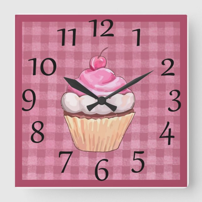 Bedårande rosa rutig väggklocka i form av cupcakes (Framsida)