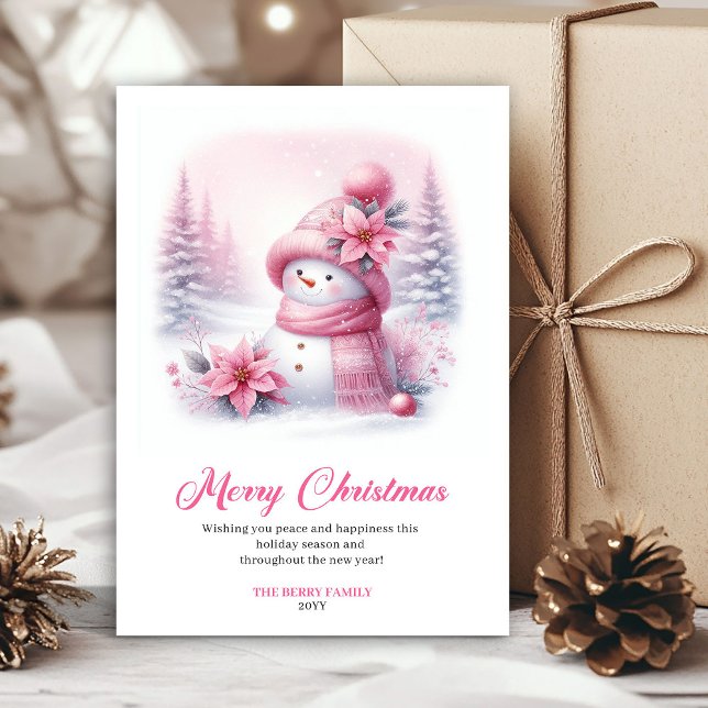 Bedårande rosa snöman jul barn kort redigerbar  (Lovely pink snowman Christmas kids card editable layout)