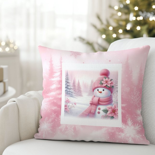 Bedårande Rosa Snöman Julscen Barnrum  Kudde (Lovely Pink Snowman Christmas Scene Kids Room Pillow

)