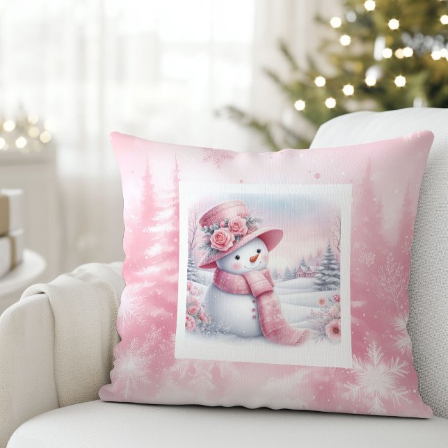 Bedårande Rosa Snömannen Kudd Skog Rosa Jul Kudde (Adorable Pink Snowman Pillow Forest Pinkmas)