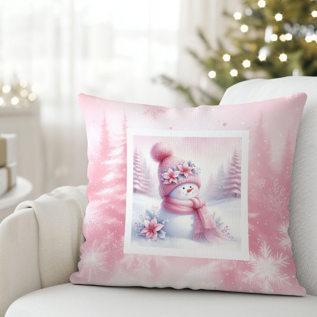 Bedårande Rosa Snömannen Mjuk Vinter Scen Kudde (Lovely Pink Snowman Pillow Soft Winter Scene)