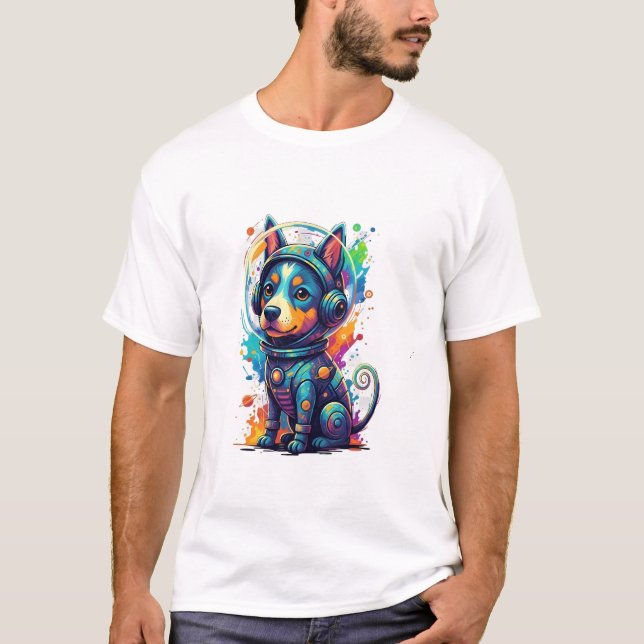 Bedårande rymdvalp i en retro rymddräkt t shirt (Framsida)