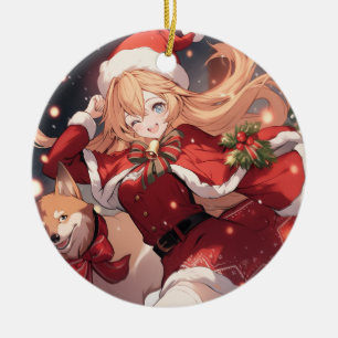 Bedårande Santa Anime Flicka och Jul Shiba Hund Julgransprydnad Keramik