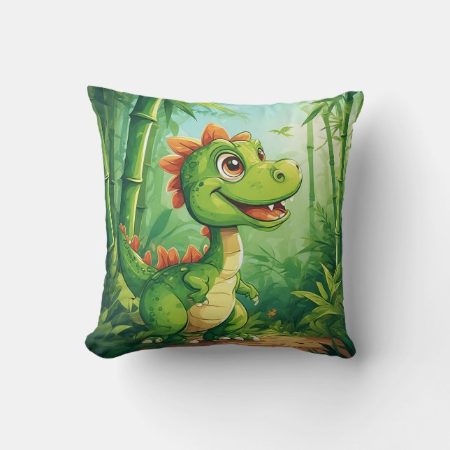 Bedårande serie-dinosaurie i frodig grön djungel kudde (Framsida)