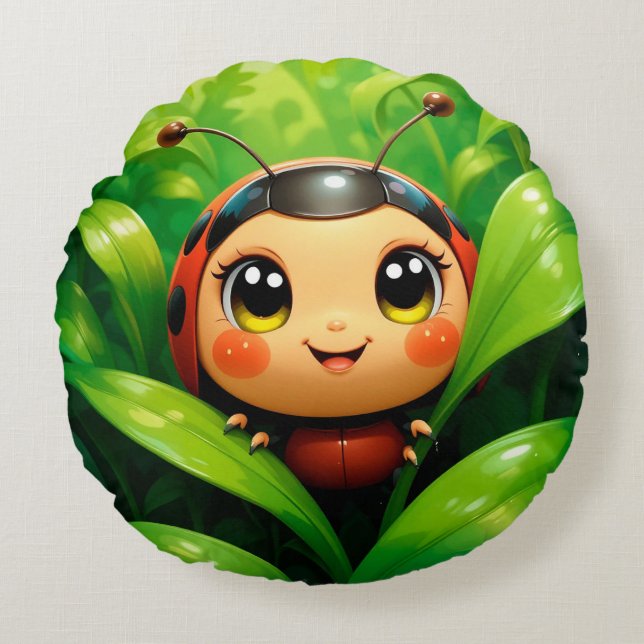 Bedårande serie ladybug omgiven av blad rund kudde (Framsidan)