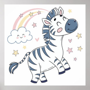 Bedårande serie-zebra med regnbåge och stjärnor poster
