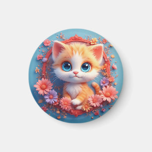 Bedårande seriekat omgiven av färggranna blommor magnet