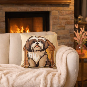 Bedårande Shih Tzu Hund Hus Tecknad Bild Kudde