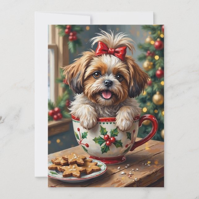Bedårande Shih Tzu-hund i julmugg mysig konst Julkort (Framsida)
