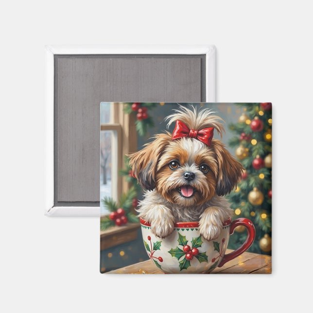 Bedårande Shih Tzu-hund i julmugg myskonst Magnet (Front/Back)